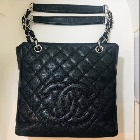 Chanel Petite Qulited Caviar Black Leather Shopping Tote with Silver Hardware - Picture 1 of 8